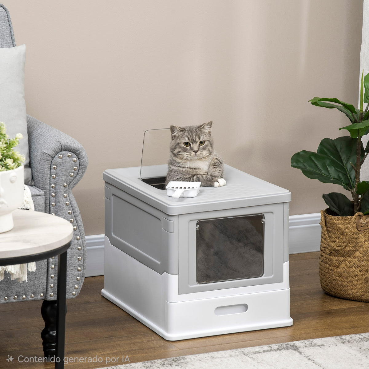 Arenero Cerrado para Gatos – Entrada Frontal y Salida Superior, Plástico Resistente, Gris y Blanco