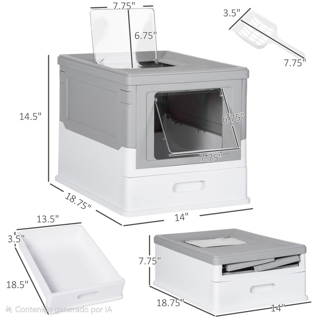 Arenero Cerrado para Gatos – Entrada Frontal y Salida Superior, Plástico Resistente, Gris y Blanco
