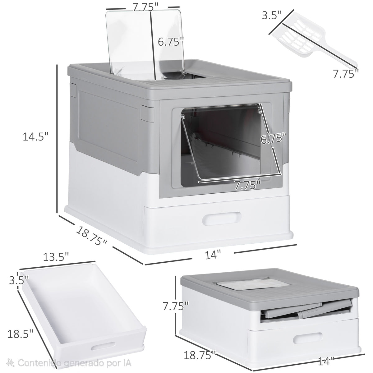 Arenero Cerrado para Gatos – Entrada Frontal y Salida Superior, Plástico Resistente, Gris y Blanco