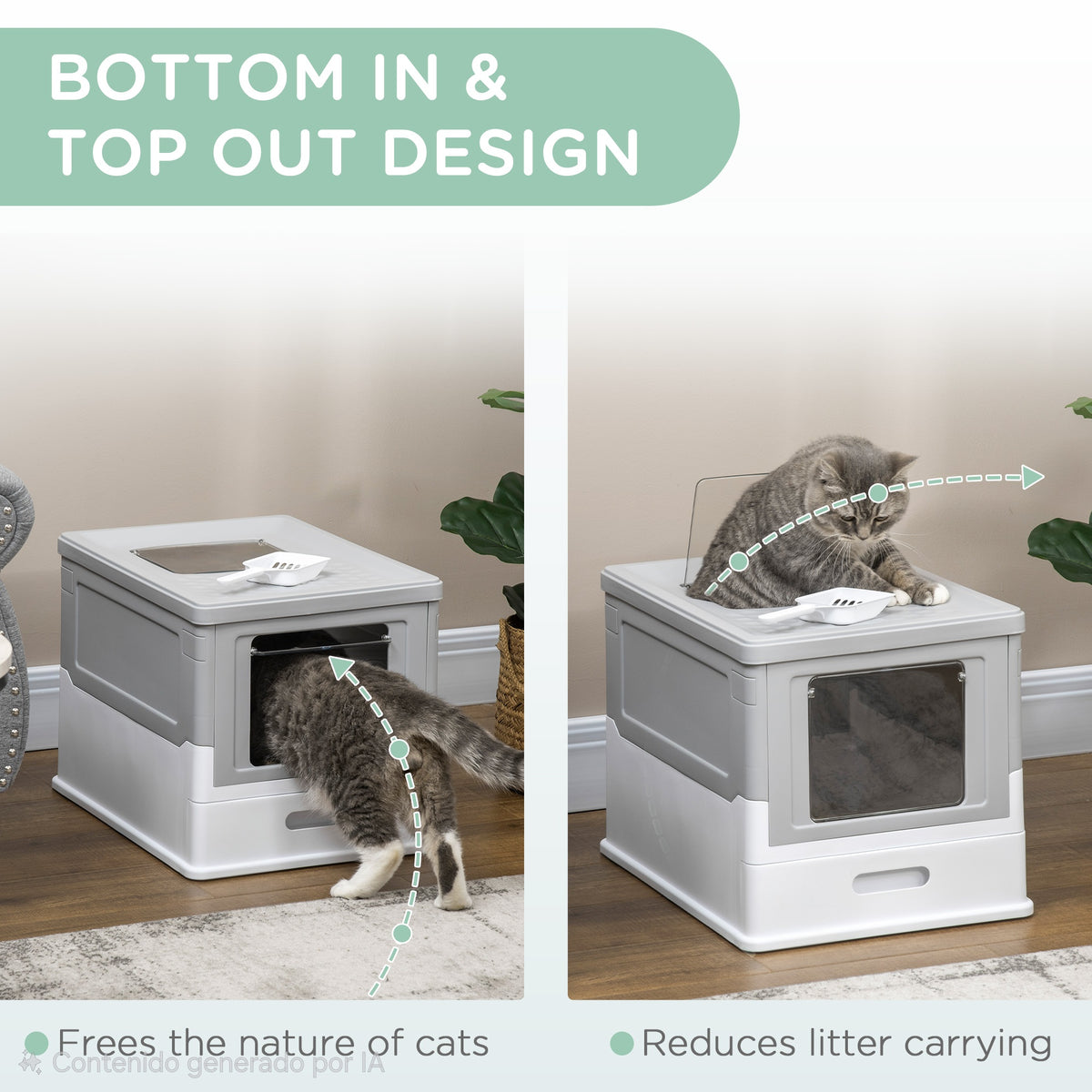 Arenero Cerrado para Gatos – Entrada Frontal y Salida Superior, Plástico Resistente, Gris y Blanco
