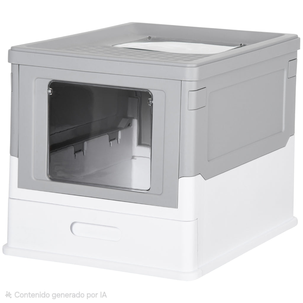 Arenero Cerrado para Gatos – Entrada Frontal y Salida Superior, Plástico Resistente, Gris y Blanco