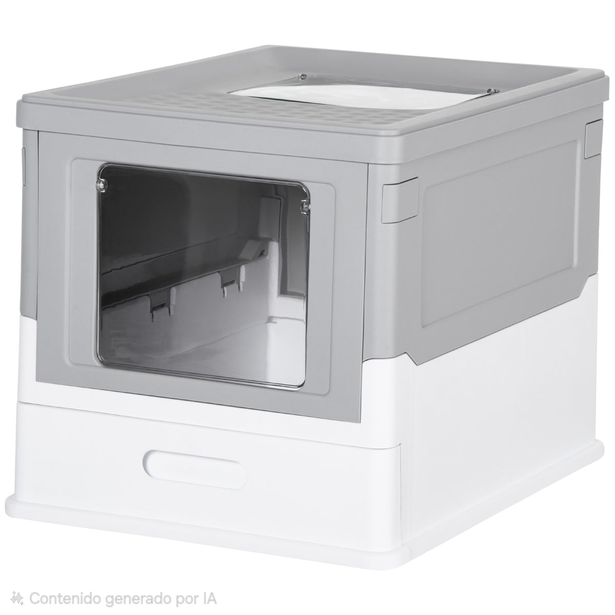 Arenero Cerrado para Gatos – Entrada Frontal y Salida Superior, Plástico Resistente, Gris y Blanco